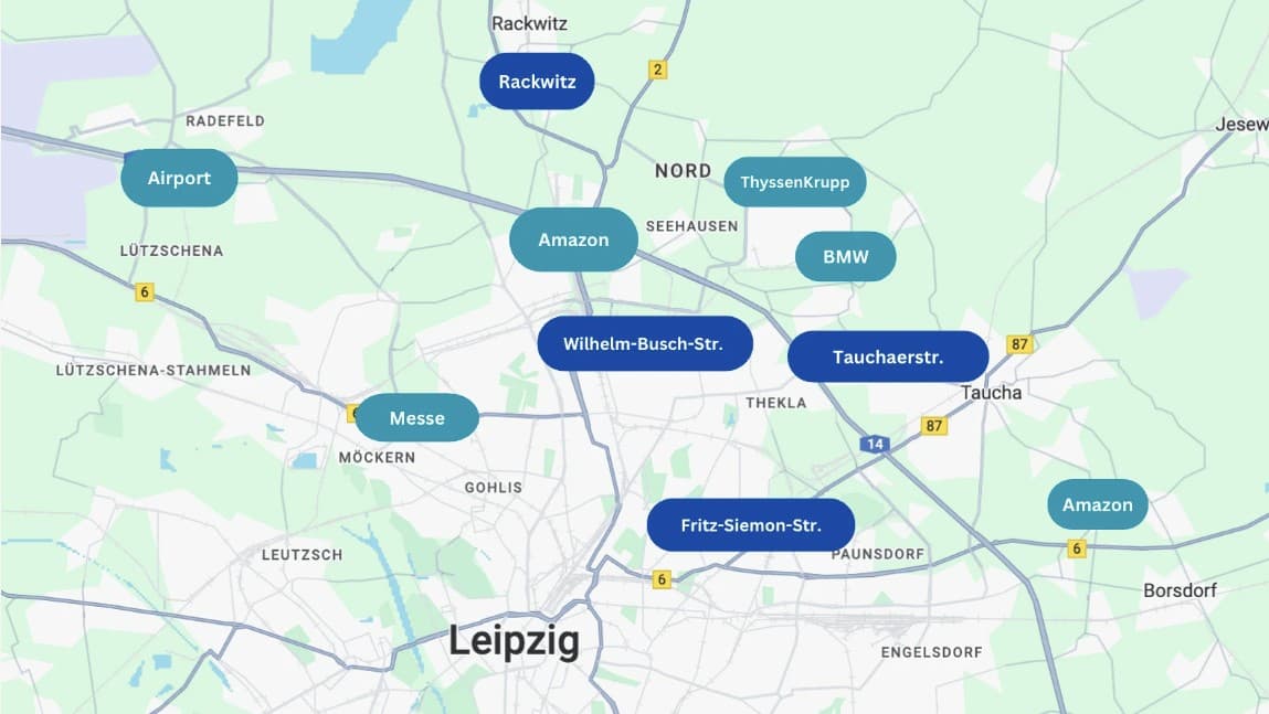 Karte der Leipzig Living Wohnungsstandorte in Leipzig und Rackwitz, in der Nähe von BMW, Porsche, DHL, Amazon und der Leipziger Messe